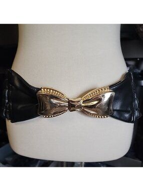 Vintage Black Elastic 4" Wide Belt Expandable Gold Bow Buckle
